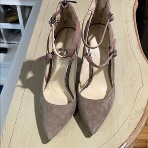 Jessica Simpson Taupe Suede Pointed Toe Ankle Strap Heels